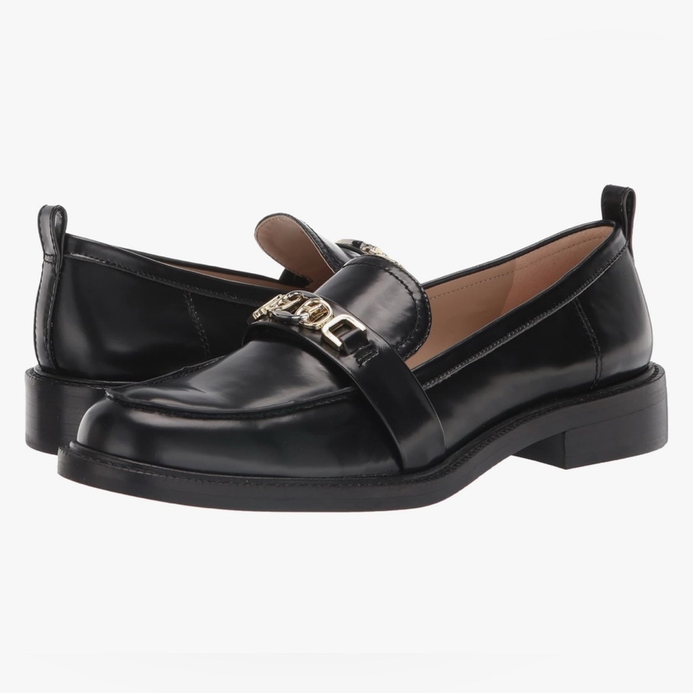 SAM EDELMAN Christy Black Loafers Gold Accent Chunky Block Heel Shoes Size 9.5 - Picture 2 of 8